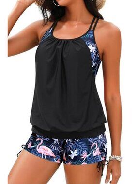 Tankini Two Piece Tummy Control Swimsuit Blouson Tank Top Boy Shorts Black